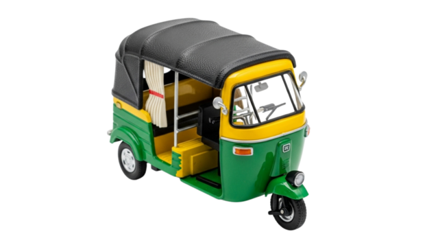 An Icon of India: A Realistic 3D Render of a Classic Green & Yellow Auto Rickshaw (Tuk-Tuk), Isolated on White