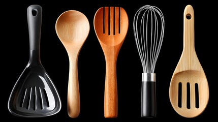 Variety Of Kitchen Utensils Including Wooden Spatula Whisk And Scoop On Black Background