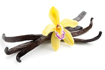 Vanilla pods and orchid flower isolated on white background 