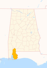 Map of the County Baldwin (Alabama, US) showing the Federal State with the highlighted County