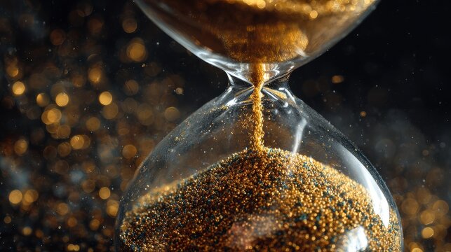 Vibrant overflowing hourglass with golden time moments above and dark procrastination shadows below, symbolizing time, urgency, balance, destiny