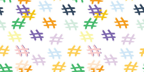 Seamless vector pattern of colorful hashtag symbols repeated across white background, playful and digital social media inspired design.