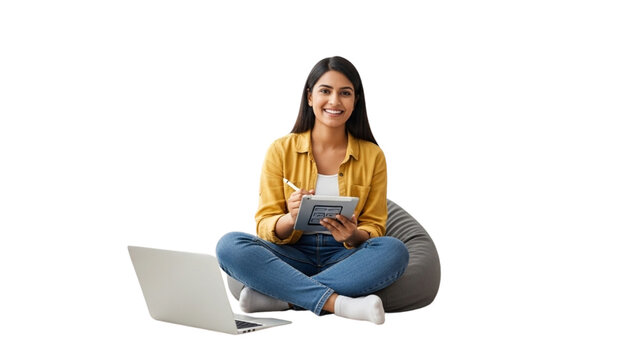 Productive and Positive: A Young Female Entrepreneur Working Remotely with Laptop and Tablet, Isolated on White