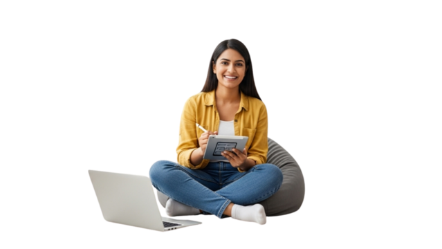 Productive and Positive: A Young Female Entrepreneur Working Remotely with Laptop and Tablet, Isolated on White