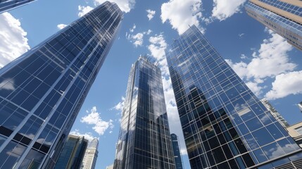 Fototapeta premium Twin glass skyscraper office buildings, connected by a skybridge, bright midday sun, deep blue sky,