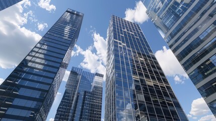 Obraz premium Twin glass skyscraper office buildings, connected by a skybridge, bright midday sun, deep blue sky,