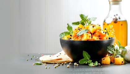 Vegetarian Curry in Black Bowl with Flatbread and Herbs 