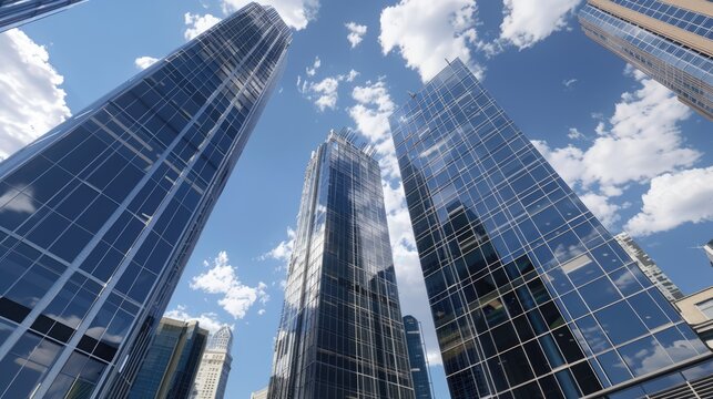 Twin glass skyscraper office buildings, connected by a skybridge, bright midday sun, deep blue sky,