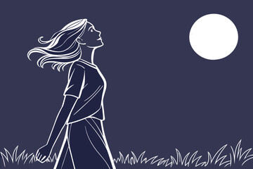 Serene woman looking up at the glowing full moon under starry night sky peaceful.