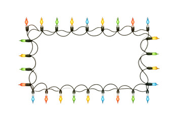 Colorful christmas lights string forming a rectangular frame on transparent background