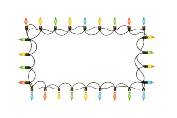 Colorful christmas lights string forming a rectangular frame on transparent background