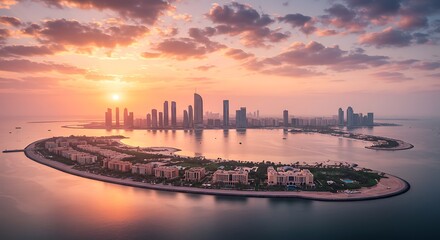 Naklejka premium Magnificent sunset over Dubai skyline offering a picturesque panorama of urban and island beauty