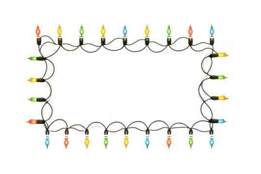 Colorful christmas lights string forming a rectangular frame on transparent background