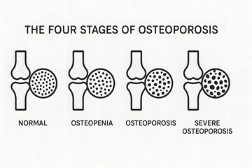 Four stages of osteoporosis medical illustration showing normal bone osteopenia osteoporosis and severe osteoporosis diagram skeletal system disease progression healthcare concept biology anatomy educ