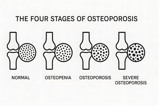 Four stages of osteoporosis medical illustration showing normal bone osteopenia osteoporosis and severe osteoporosis diagram skeletal system disease progression healthcare concept biology anatomy educ