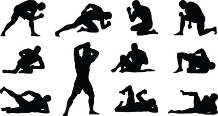 Silhouettes of athletes in various wrestling poses and stretches