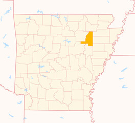 Map of the County Jackson (Arkansas, US) showing the Federal State with the highlighted County