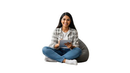 Confident and Creative: A Happy Young Woman Using a Digital Tablet While Relaxing on a Beanbag, Isolated on White