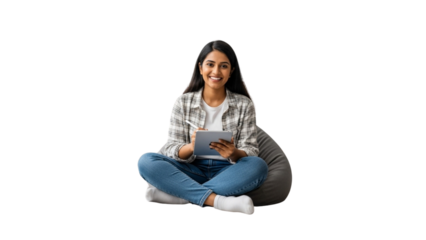 Confident and Creative: A Happy Young Woman Using a Digital Tablet While Relaxing on a Beanbag, Isolated on White
