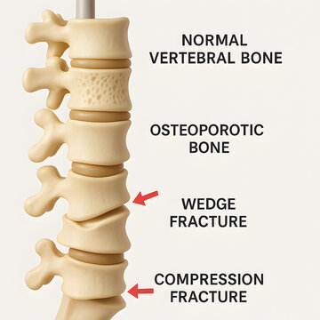 Vertebral bone anatomy illustration showing normal vertebra osteoporotic bone wedge fracture compression fracture medical educational chart, human spine anatomy healthcare study concept biological ske