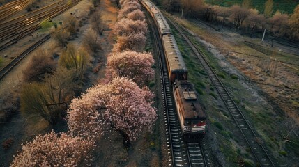 Fototapeta premium Aerial view of railroad transportation by train on track in mountain landscape