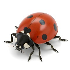 A detailed image of a ladybug with vibrant red and black spots and meticulous detail