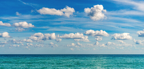 Cloudy sky and seascape at summer vacation. Skyscape with sea horizon. Calm horizon with sea nature. Romantic summer vacation at seascape. Sunset sea and seascape. Sea horizon view. Remote paradise