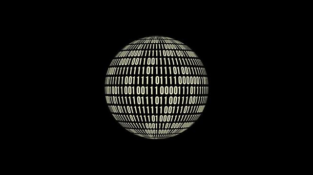 Futuristic 3D sphere made of binary code numbers on a green background, symbolizing digital data, coding, programming, artificial intelligence, technology, cybersecurity, information systems.