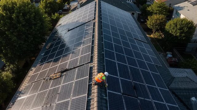 Aerial view flying over solar panel installation with professional worker maintaining renewable energy equipment in sustainable power facility