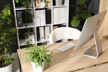 Stylish workplace with modern computer and floral decor in office. Biophilic interior design