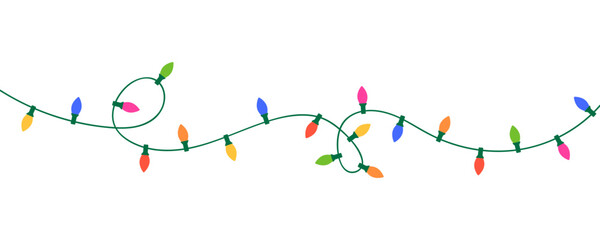 Christmas color light string garland. Holiday bright decoration. Fairy glowing bulb. Led neon lamp on transparent banner. New Year luxury string baubles. Celebration party frame. Vector illustration