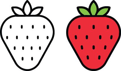 A side-by-side comparison of a black and white outline of a strawberry next to a fully colored, vibrant red strawberry with green leaves.