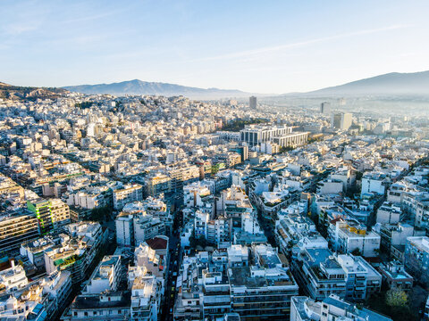 Aerial landscape from Neapoli Kolonaki neighborhood near Lycabettus Hill winter in Athens