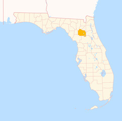 Map of the County Alachua (Florida, US) showing the Federal State with the highlighted County
