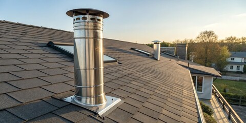 Modern Metal Chimney on Shingle Roof, Sunset View, Architectural Detail Chimney, Roofing