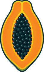 A bright, stylized illustration of a papaya fruit cut in half, revealing its orange flesh and numerous black seeds.