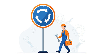 Technician Inspecting Roundabout Road Sign Maintaining Road Safety Infrastructure