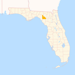 Map of the County Lafayette (Florida, US) showing the Federal State with the highlighted County