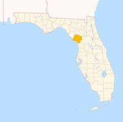 Fototapeta premium Map of the County Levy (Florida, US) showing the Federal State with the highlighted County