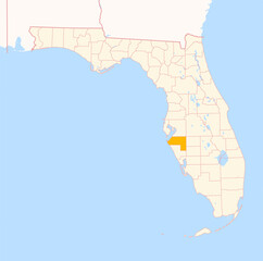 Map of the County Manatee (Florida, US) showing the Federal State with the highlighted County