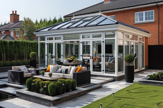 Stylish white upvc conservatory expands living space with glass walls and garden views