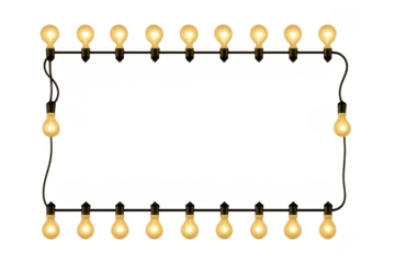 Rectangular frame made of glowing light bulbs on transparent background