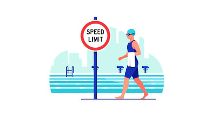 Swimmer Takes a Walk By the Pool After Competition With Speed Limit Sign