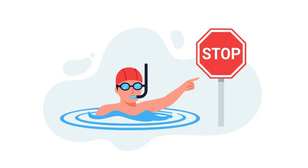 Fototapeta premium Swimmer Indicating Caution With Stop Sign in Aquatic Environment