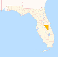Map of the County Osceola (Florida, US) showing the Federal State with the highlighted County