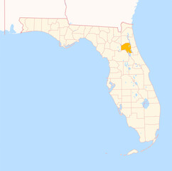 Map of the County Putnam (Florida, US) showing the Federal State with the highlighted County