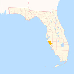 Map of the County Sarasota (Florida, US) showing the Federal State with the highlighted County