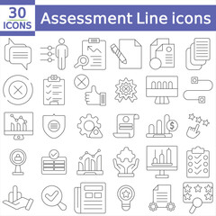  Assessment editable stroke outline web icons set. Audit, analysis, plan, evaluation, result and goal.