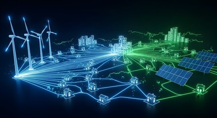 Dynamic energy grid concept with wind turbines, solar panels, and city infrastructure, showcasing sustainable energy solutions for a brighter future