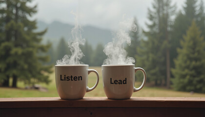 Two mugs steaming, one with “listen” and other with “lead”,  on cabin porch rail with foggy forest behind  